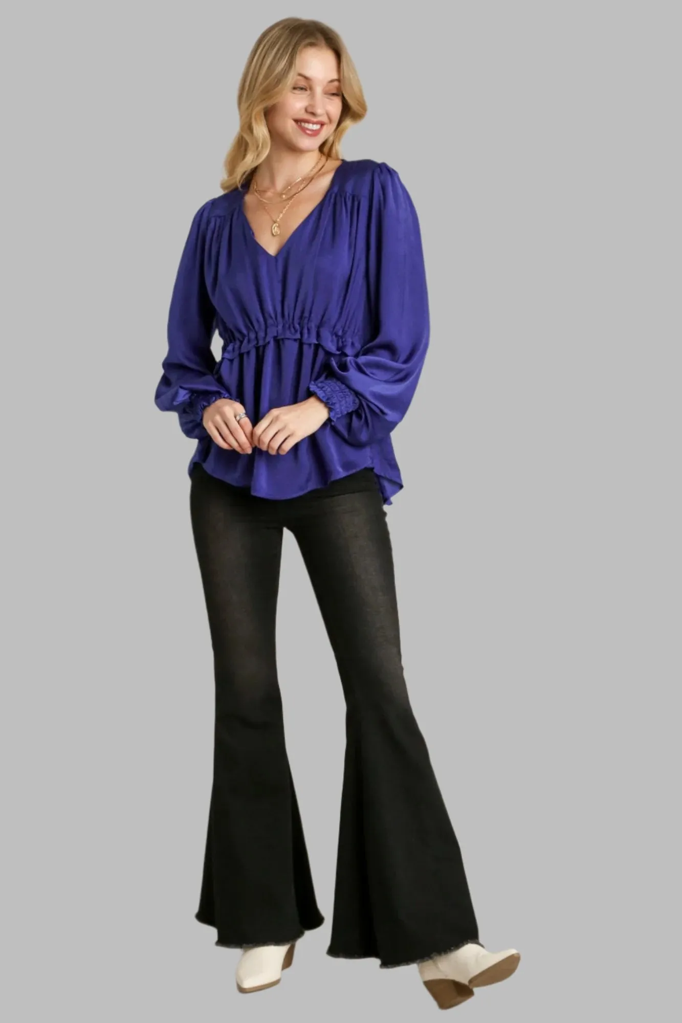 Blue Satin V-neck Ruffle Baby Doll Top With Cuffed Long Sleeve