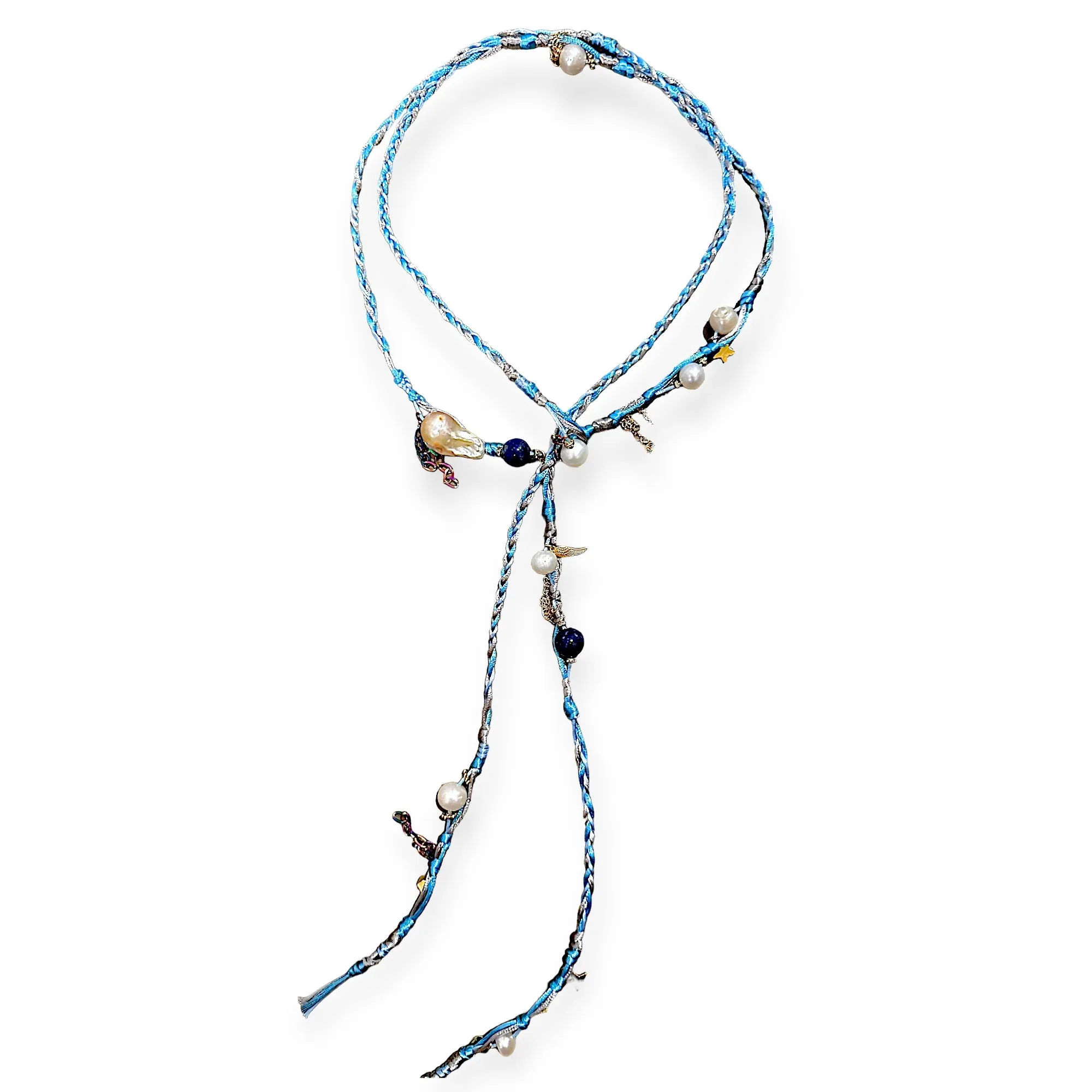 BLUE SUMMER SKY PEARL LAPIS GOLD LUCKY CHARM SILK ROCKER LARIAT