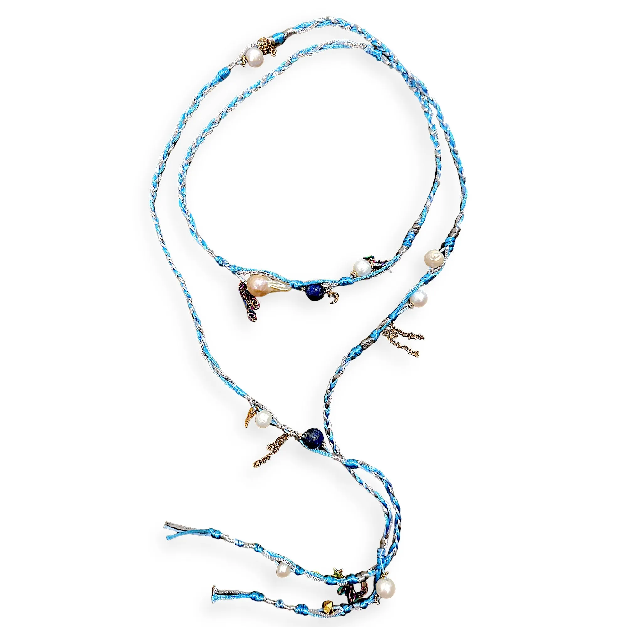 BLUE SUMMER SKY PEARL LAPIS GOLD LUCKY CHARM SILK ROCKER LARIAT