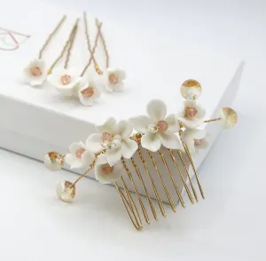 Bridal White Ceramic Flower 4 PC Hair Pin Set, Floral Hair Comb and 3 Hairpins Set, Bridesmaid Head Piece, Wedding Flower Hairpin Set