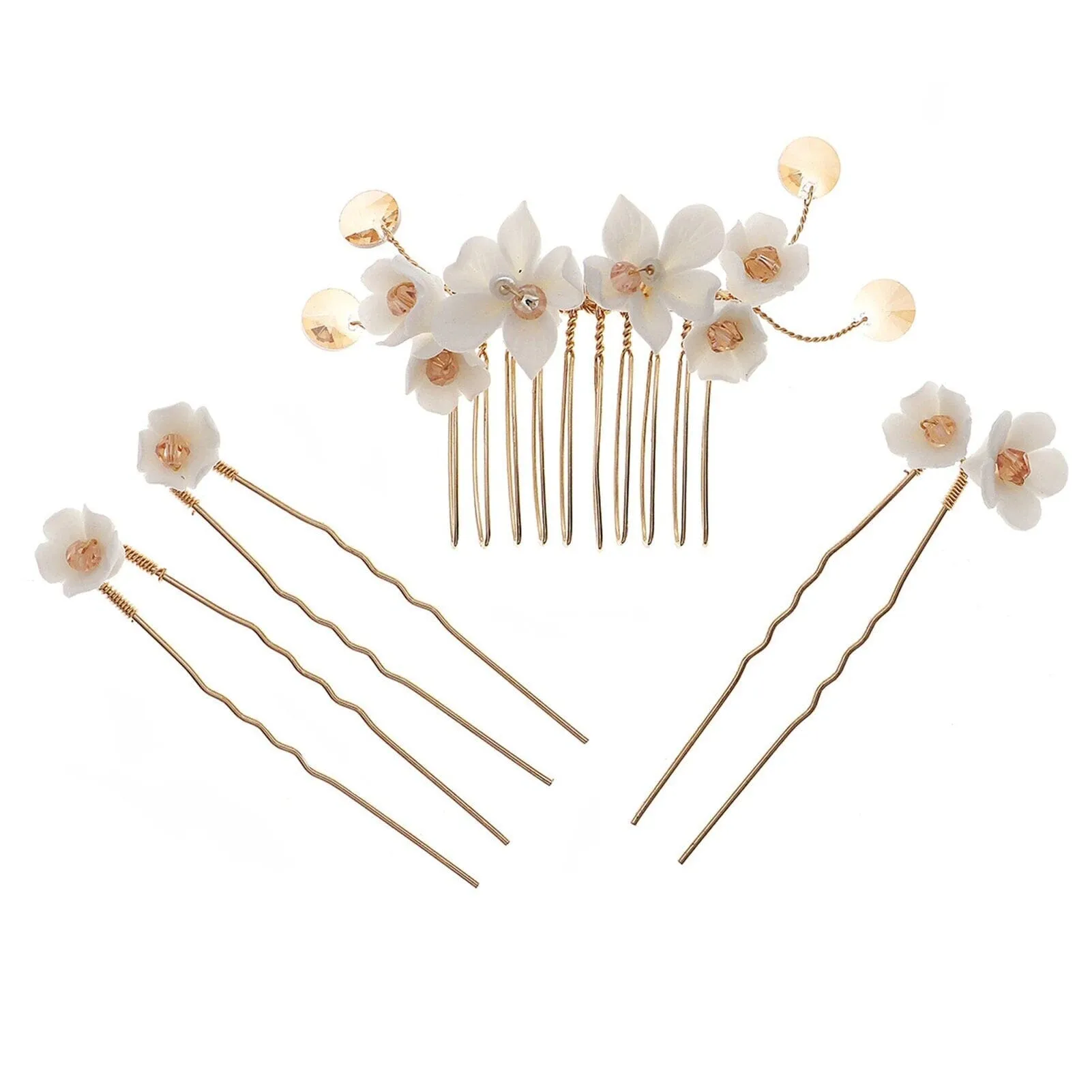 Bridal White Ceramic Flower 4 PC Hair Pin Set, Floral Hair Comb and 3 Hairpins Set, Bridesmaid Head Piece, Wedding Flower Hairpin Set