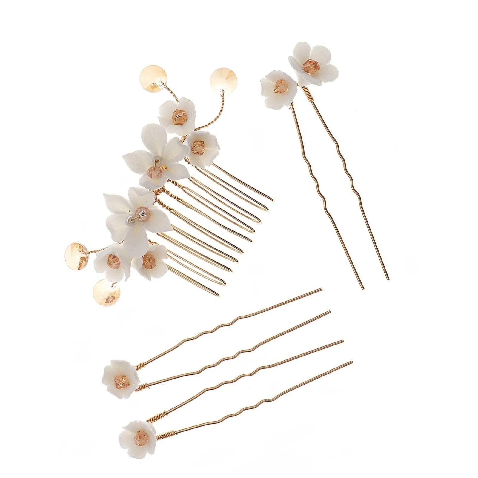Bridal White Ceramic Flower 4 PC Hair Pin Set, Floral Hair Comb and 3 Hairpins Set, Bridesmaid Head Piece, Wedding Flower Hairpin Set