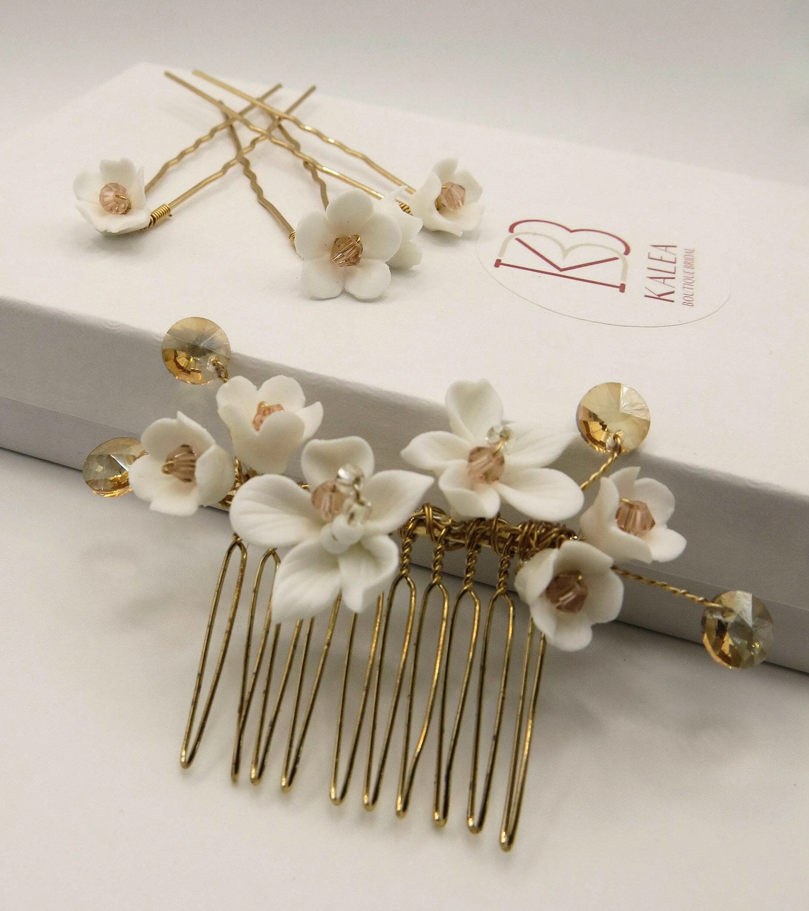 Bridal White Ceramic Flower 4 PC Hair Pin Set, Floral Hair Comb and 3 Hairpins Set, Bridesmaid Head Piece, Wedding Flower Hairpin Set