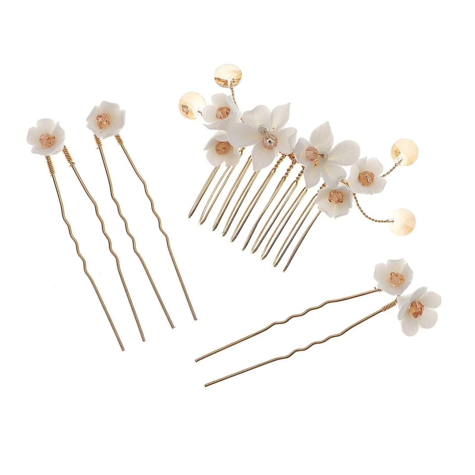 Bridal White Ceramic Flower 4 PC Hair Pin Set, Floral Hair Comb and 3 Hairpins Set, Bridesmaid Head Piece, Wedding Flower Hairpin Set