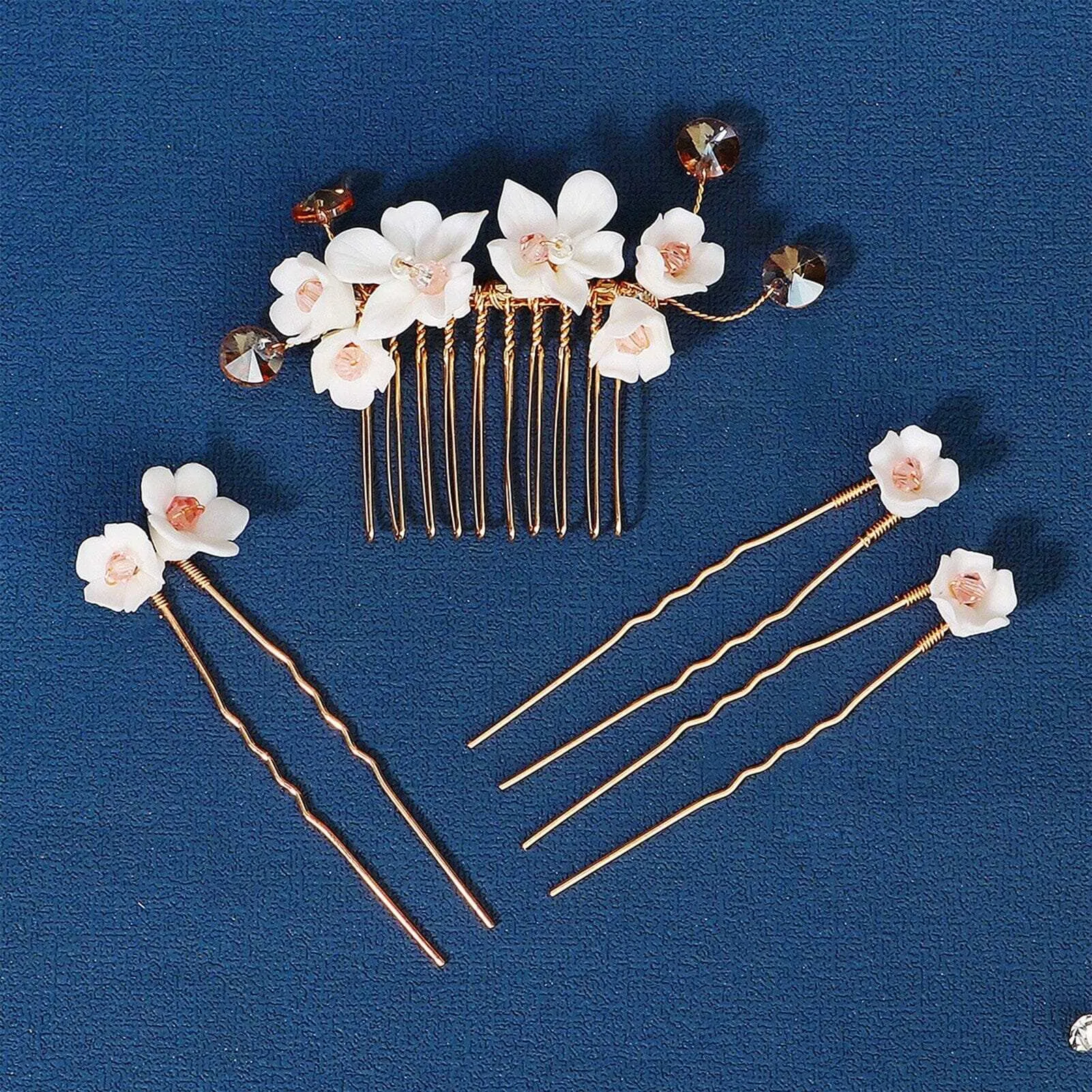 Bridal White Ceramic Flower 4 PC Hair Pin Set, Floral Hair Comb and 3 Hairpins Set, Bridesmaid Head Piece, Wedding Flower Hairpin Set