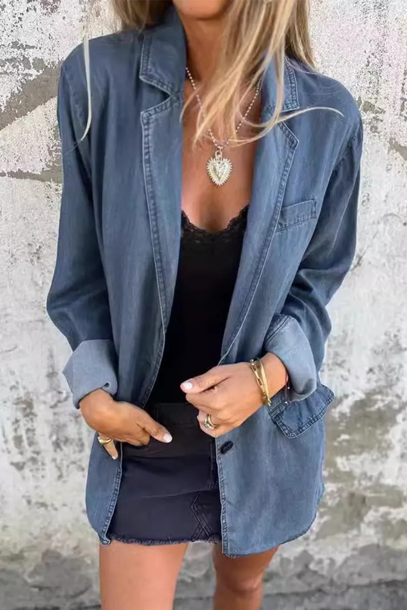 Casual Daily Buttons Patchwork Turn-back Collar Long Sleeve Loose Denim Jacket(4 Colors)