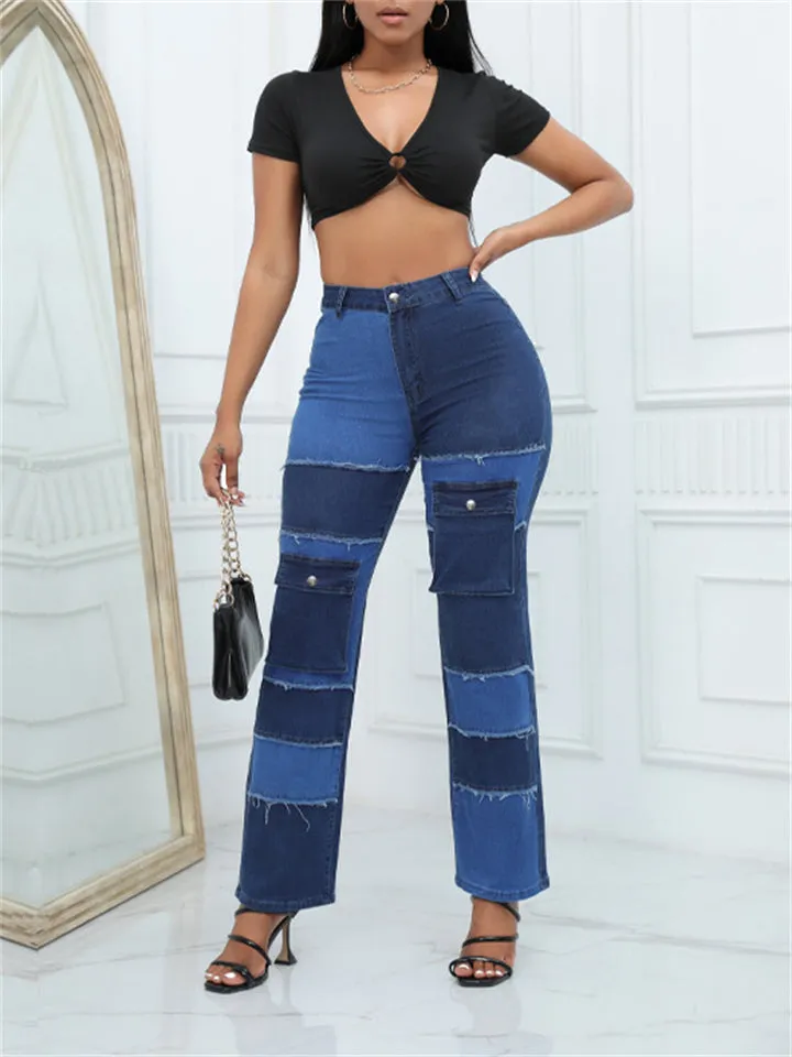 Casual Patchwork Contrast Color Jeans for Women