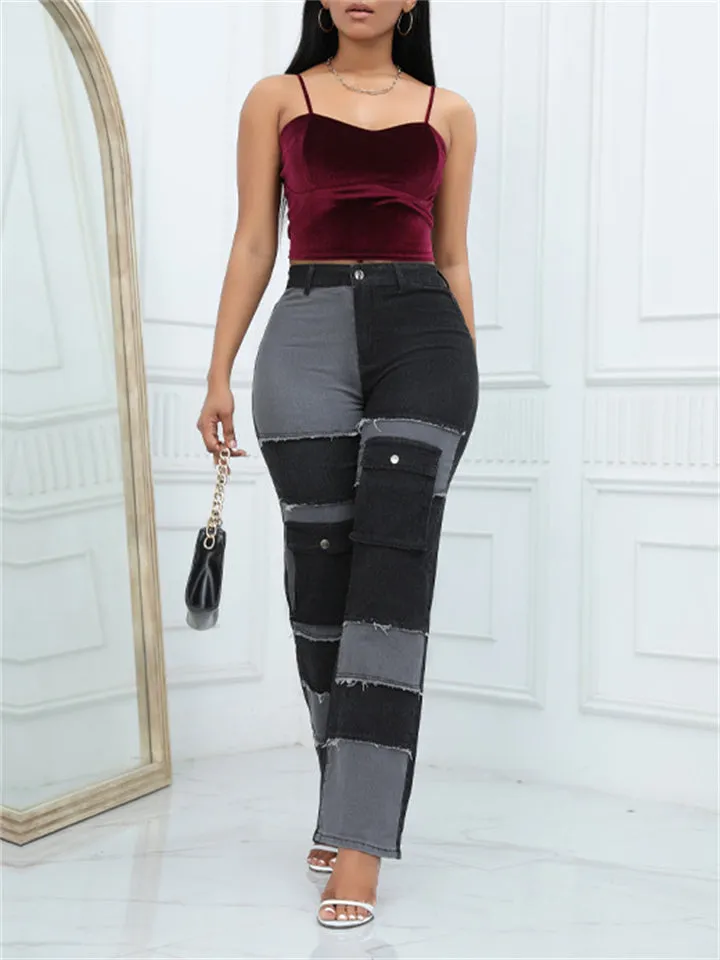 Casual Patchwork Contrast Color Jeans for Women