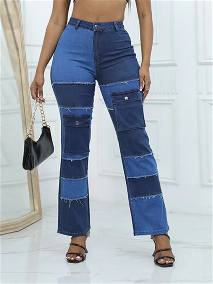 Casual Patchwork Contrast Color Jeans for Women