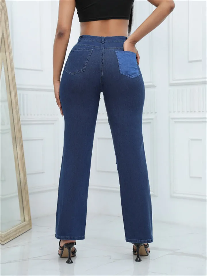 Casual Patchwork Contrast Color Jeans for Women