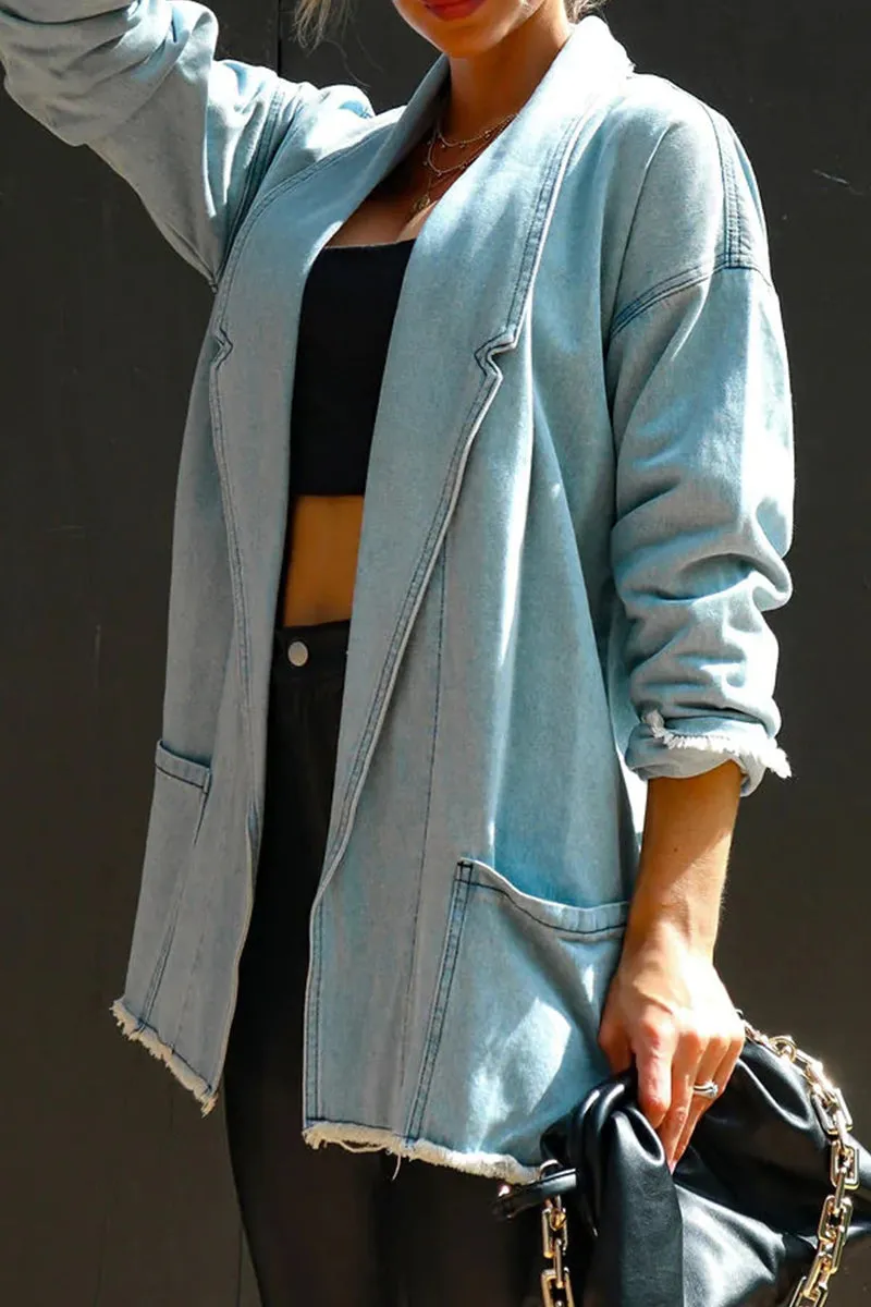 Casual Solid Pocket Turn-back Collar Long Sleeve Loose Denim Jacket