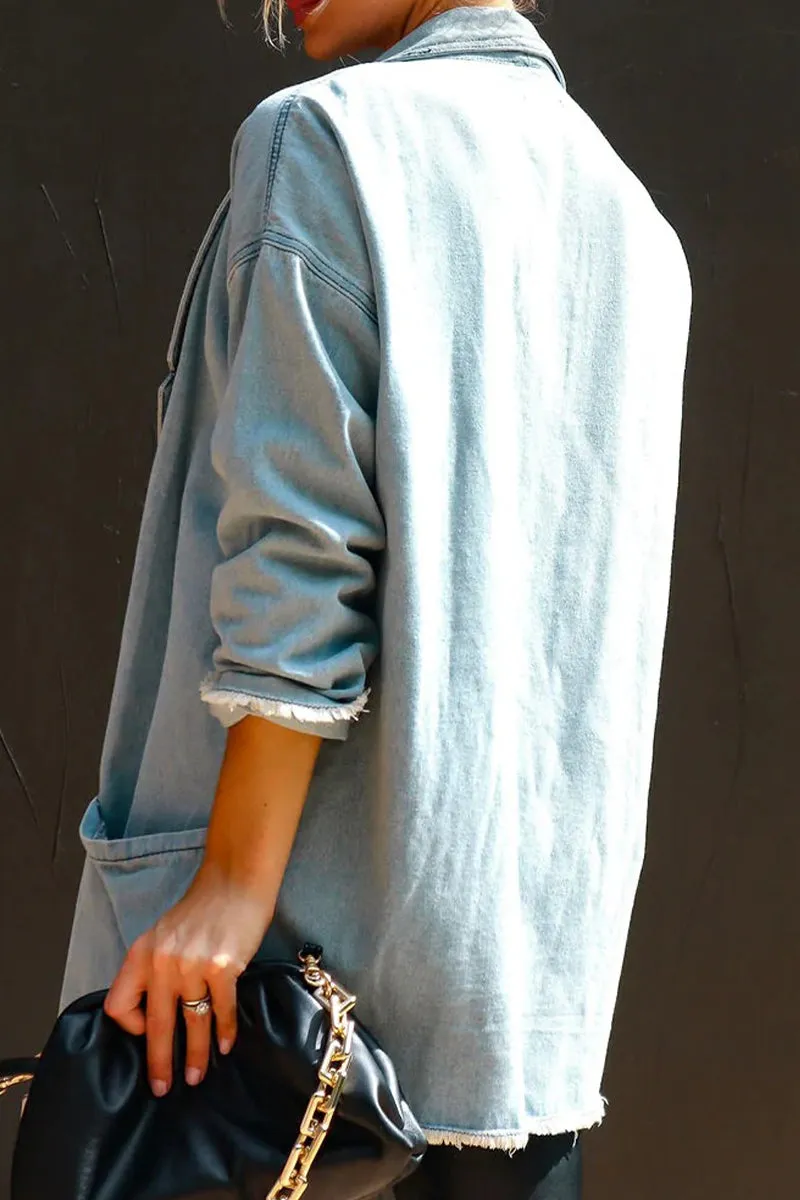 Casual Solid Pocket Turn-back Collar Long Sleeve Loose Denim Jacket