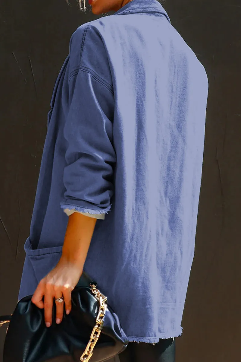 Casual Solid Pocket Turn-back Collar Long Sleeve Loose Denim Jacket