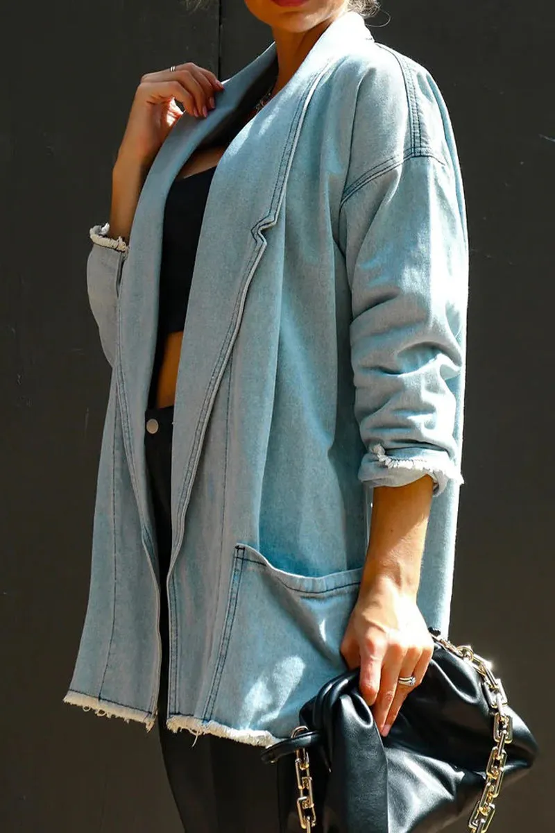 Casual Solid Pocket Turn-back Collar Long Sleeve Loose Denim Jacket