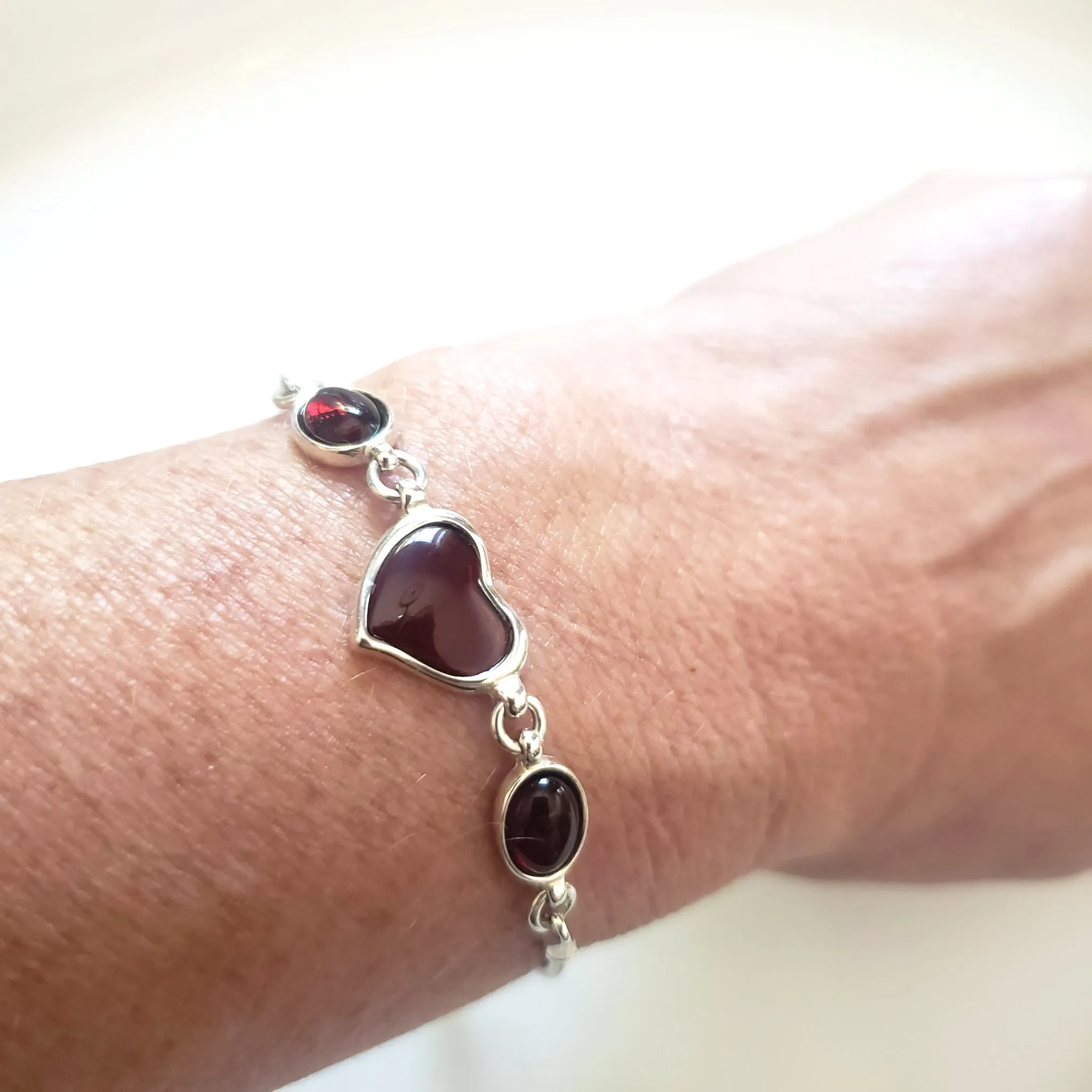 Cherry Amber Heart in Sterling Silver Adjustable Bracelet