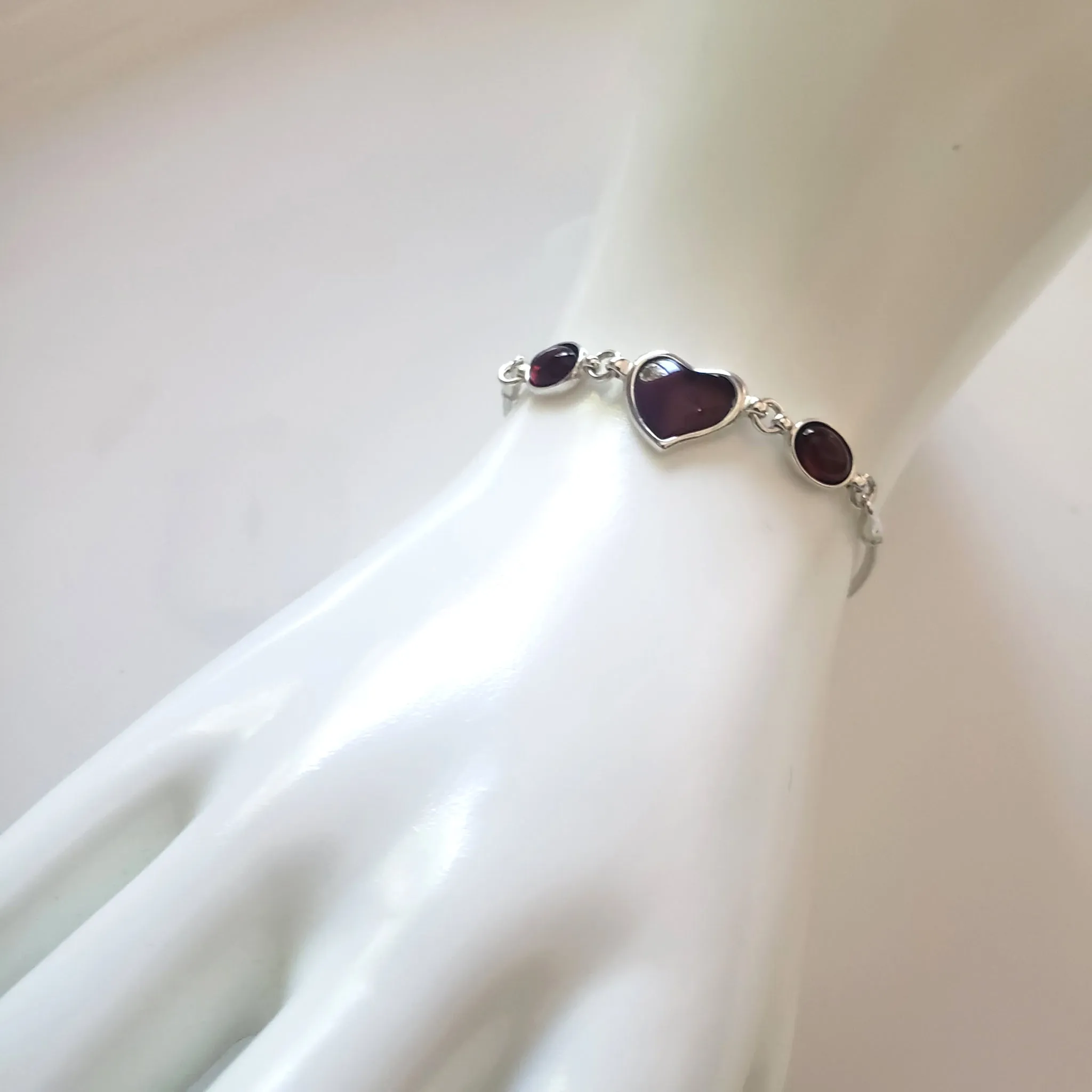 Cherry Amber Heart in Sterling Silver Adjustable Bracelet