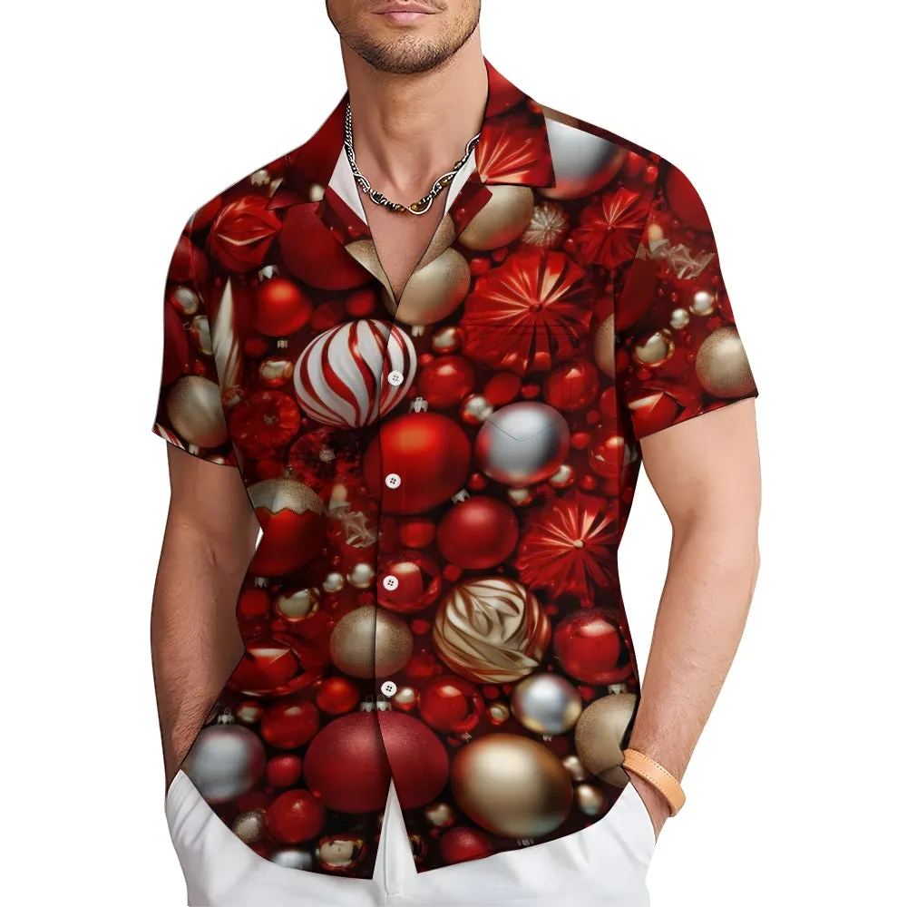 Christmas Decoration Ball Red Casual Short-Sleeved Shirt 2409006039