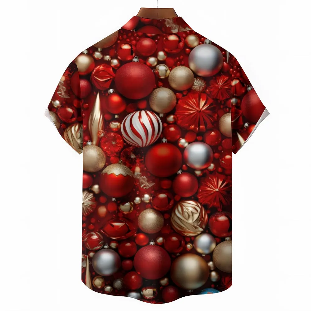 Christmas Decoration Ball Red Casual Short-Sleeved Shirt 2409006039