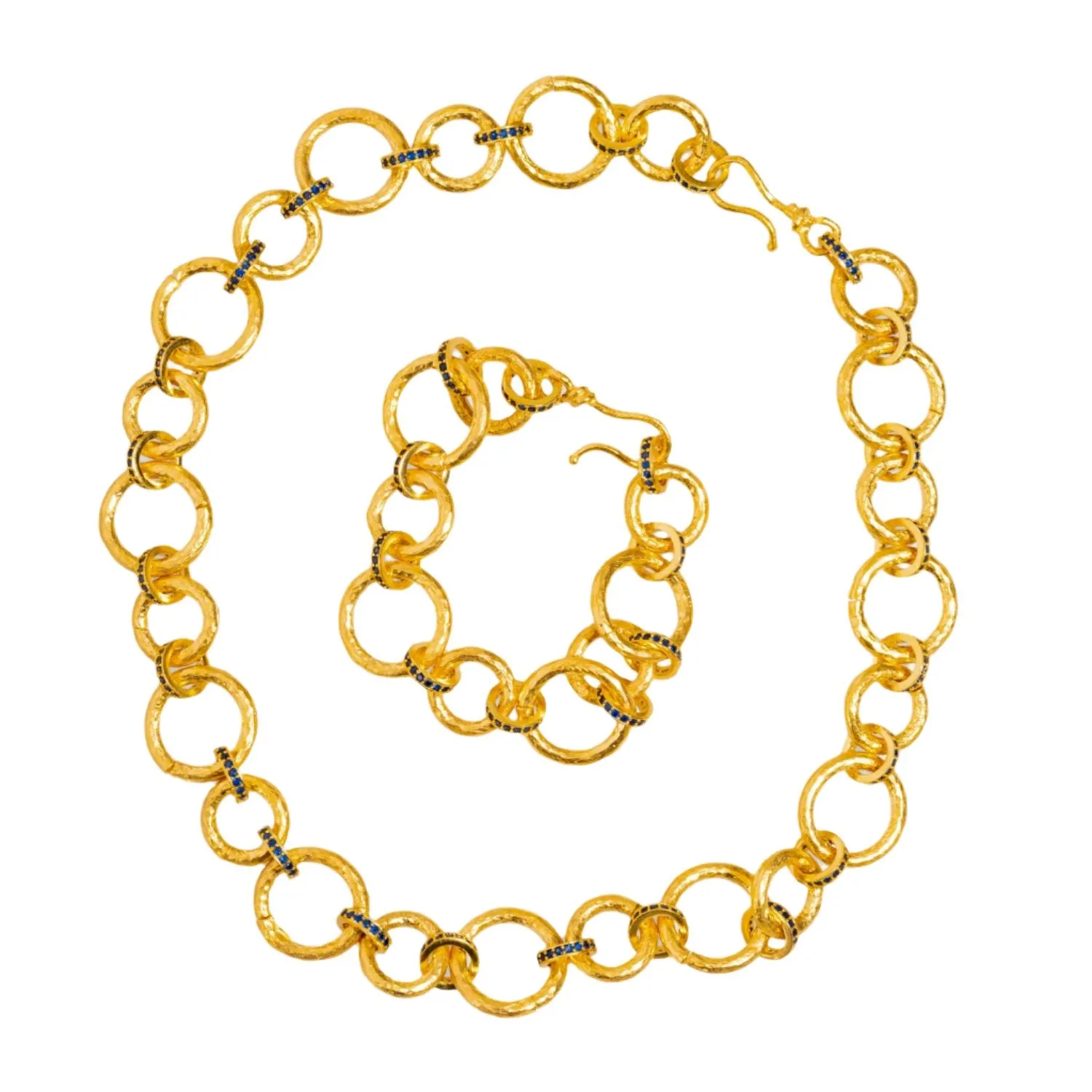 Chunky Link Chain Gold & Sapphire Statement Choker Necklace with Bracelet Set