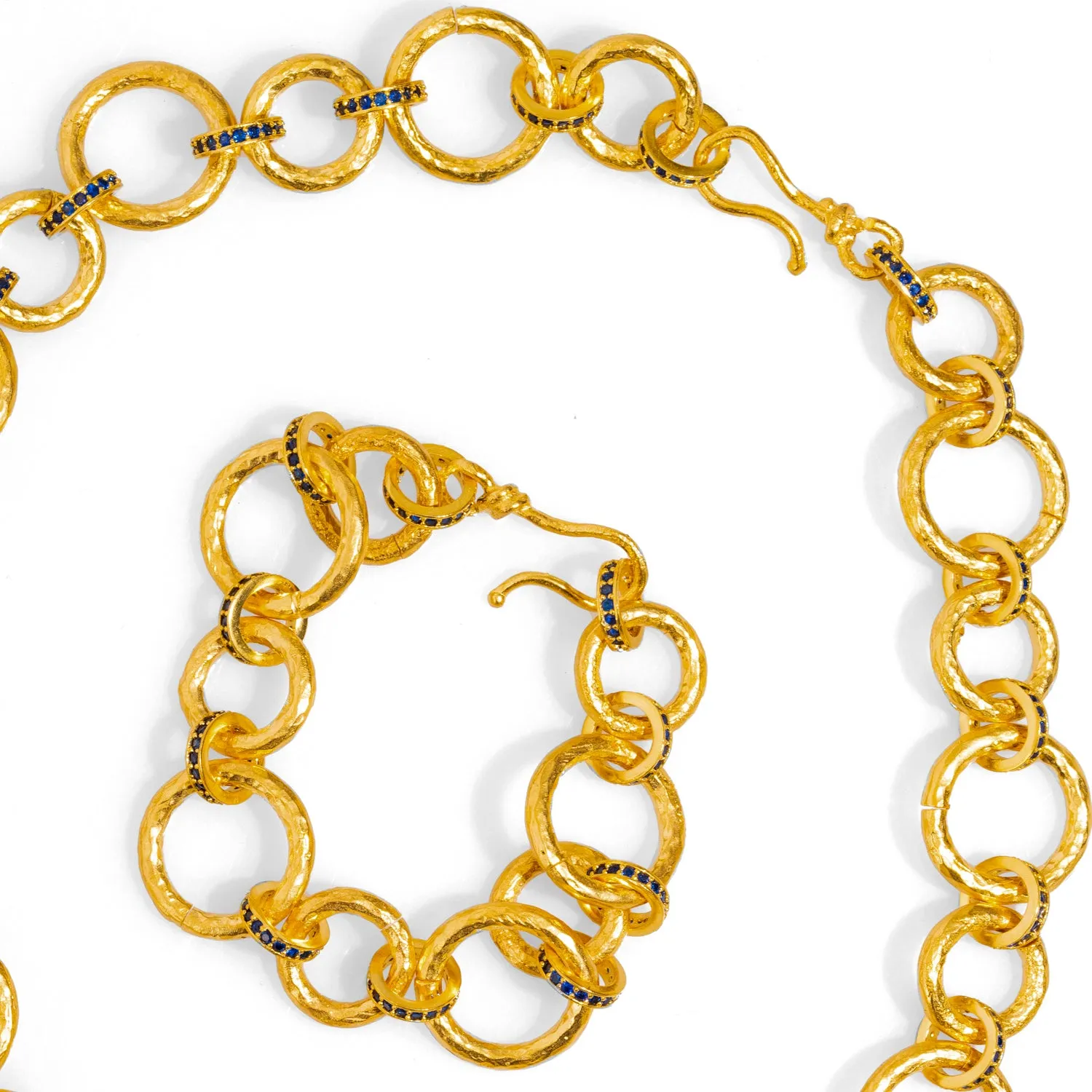 Chunky Link Chain Gold & Sapphire Statement Choker Necklace with Bracelet Set