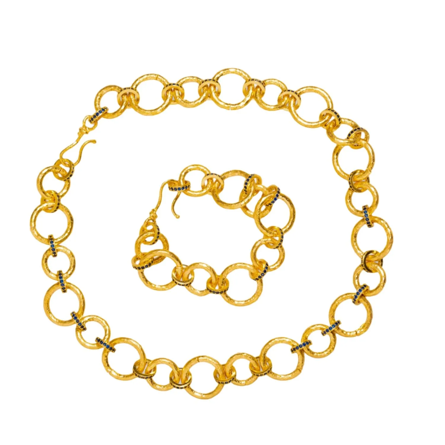 Chunky Link Chain Gold & Sapphire Statement Choker Necklace with Bracelet Set