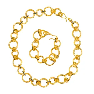 Chunky Link Chain Gold & Sapphire Statement Choker Necklace with Bracelet Set