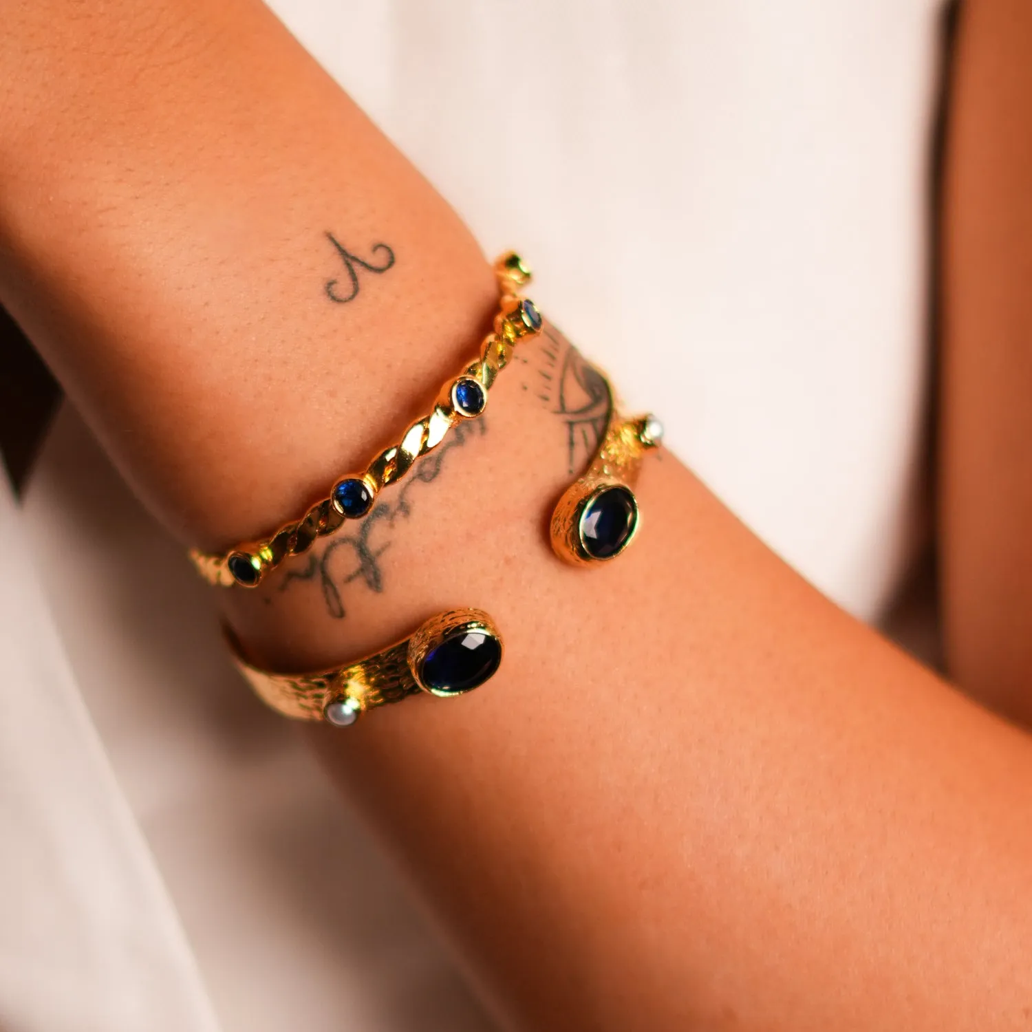 Cleopatra Sapphire & Pearl Adjustable Gold Cuff Bracelet