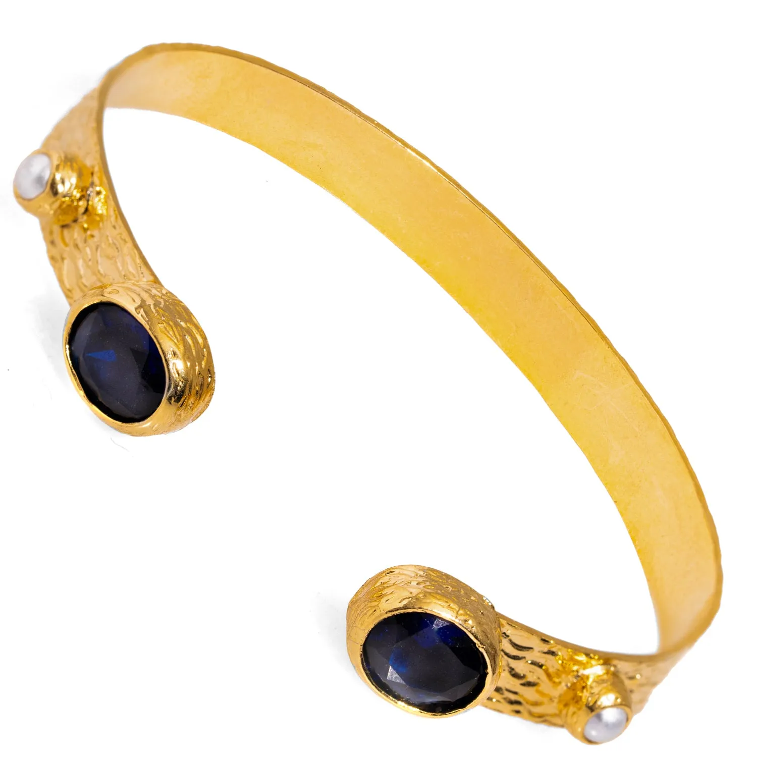 Cleopatra Sapphire & Pearl Adjustable Gold Cuff Bracelet