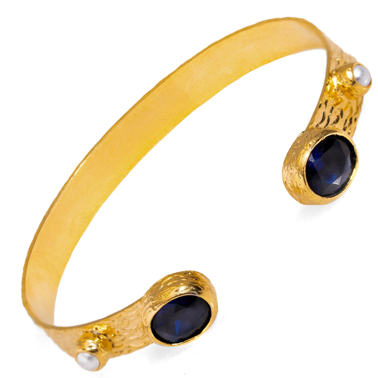 Cleopatra Sapphire & Pearl Adjustable Gold Cuff Bracelet