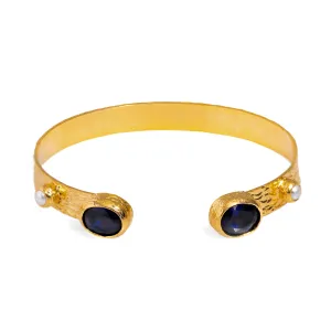 Cleopatra Sapphire & Pearl Adjustable Gold Cuff Bracelet