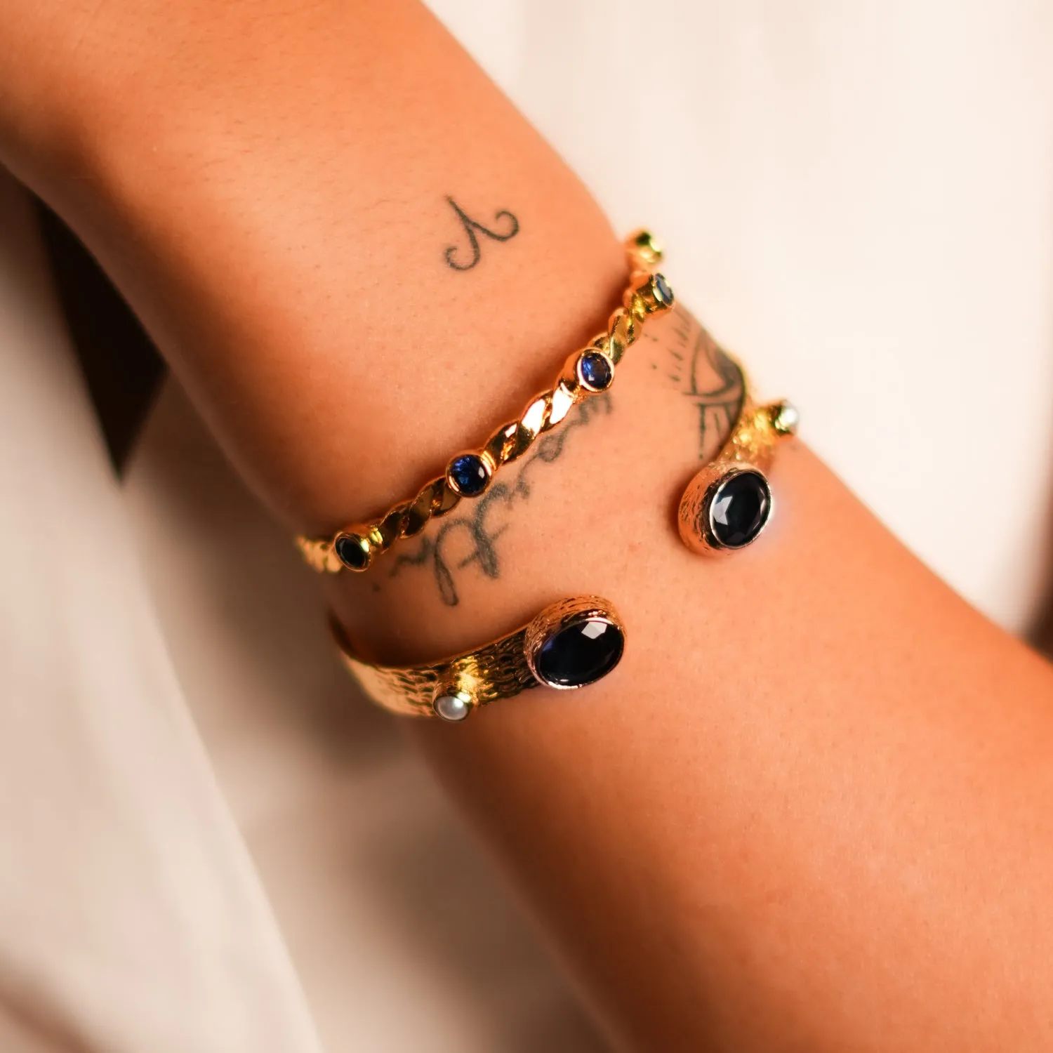 Cleopatra Sapphire & Pearl Adjustable Gold Cuff Bracelet