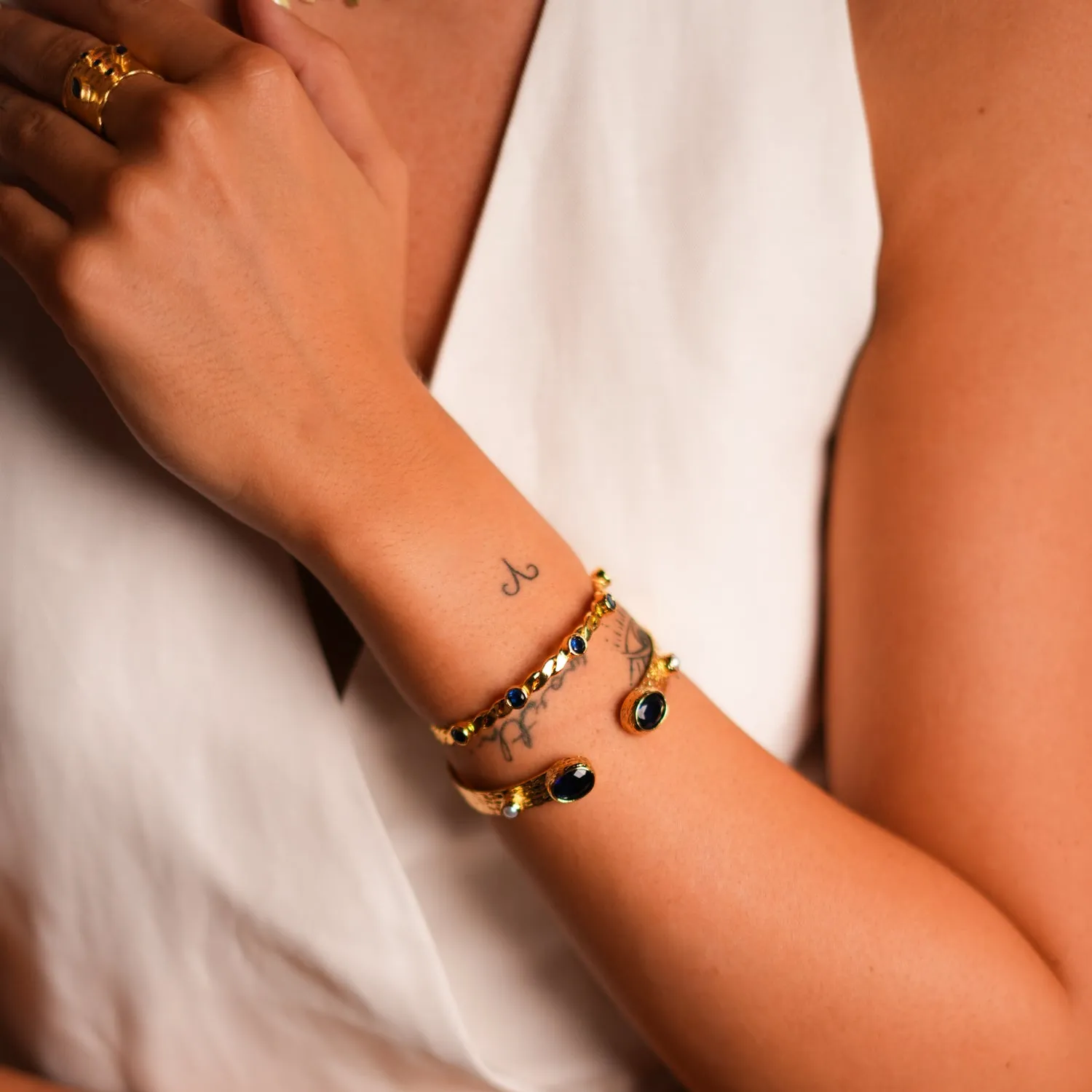 Cleopatra Sapphire & Pearl Adjustable Gold Cuff Bracelet