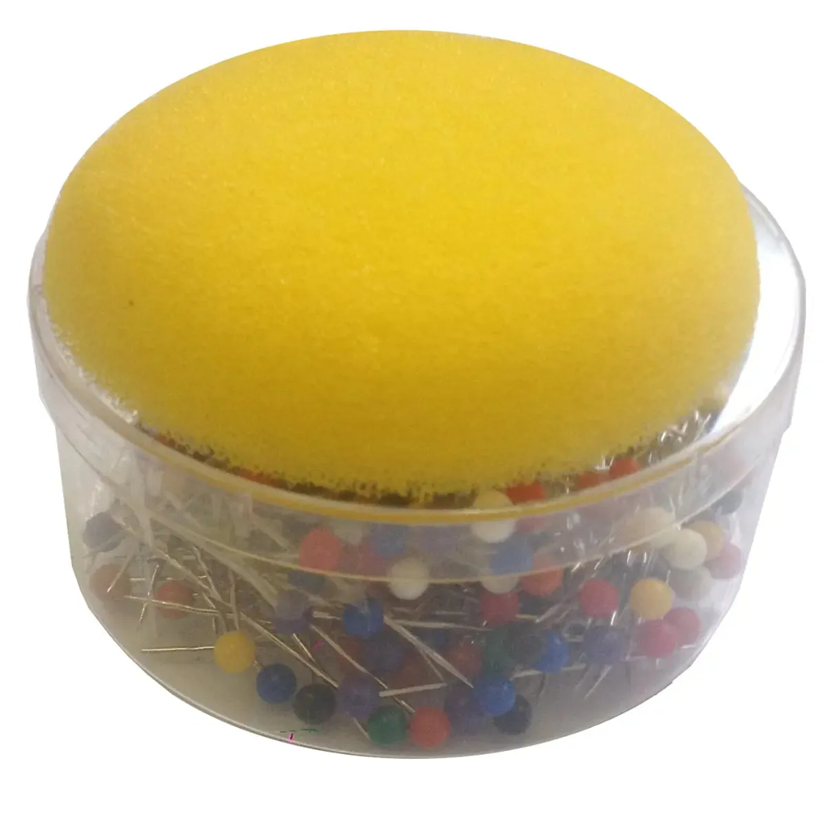 Colour Headed Pins In A Round Tub With A Foam Top Cushion