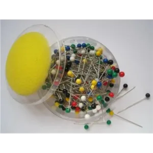 Colour Headed Pins In A Round Tub With A Foam Top Cushion