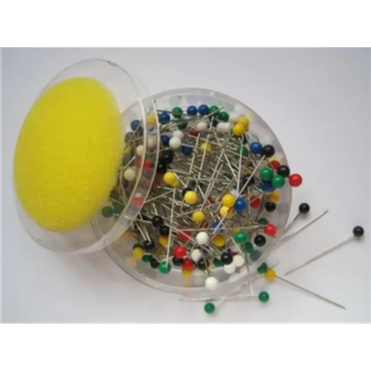 Colour Headed Pins In A Round Tub With A Foam Top Cushion