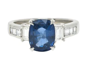 Contemporary 2.64 CTW Cushion Cut Sapphire Diamond Platinum Gemstone Ring