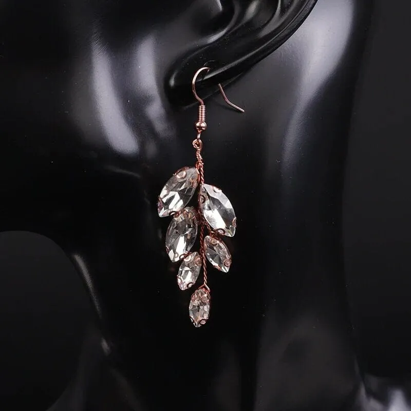 Crystal Leaf Earrings, Bridal Rhinestone Earrings, Bridesmaid Crystal Earrings, Wedding Wire Earrings