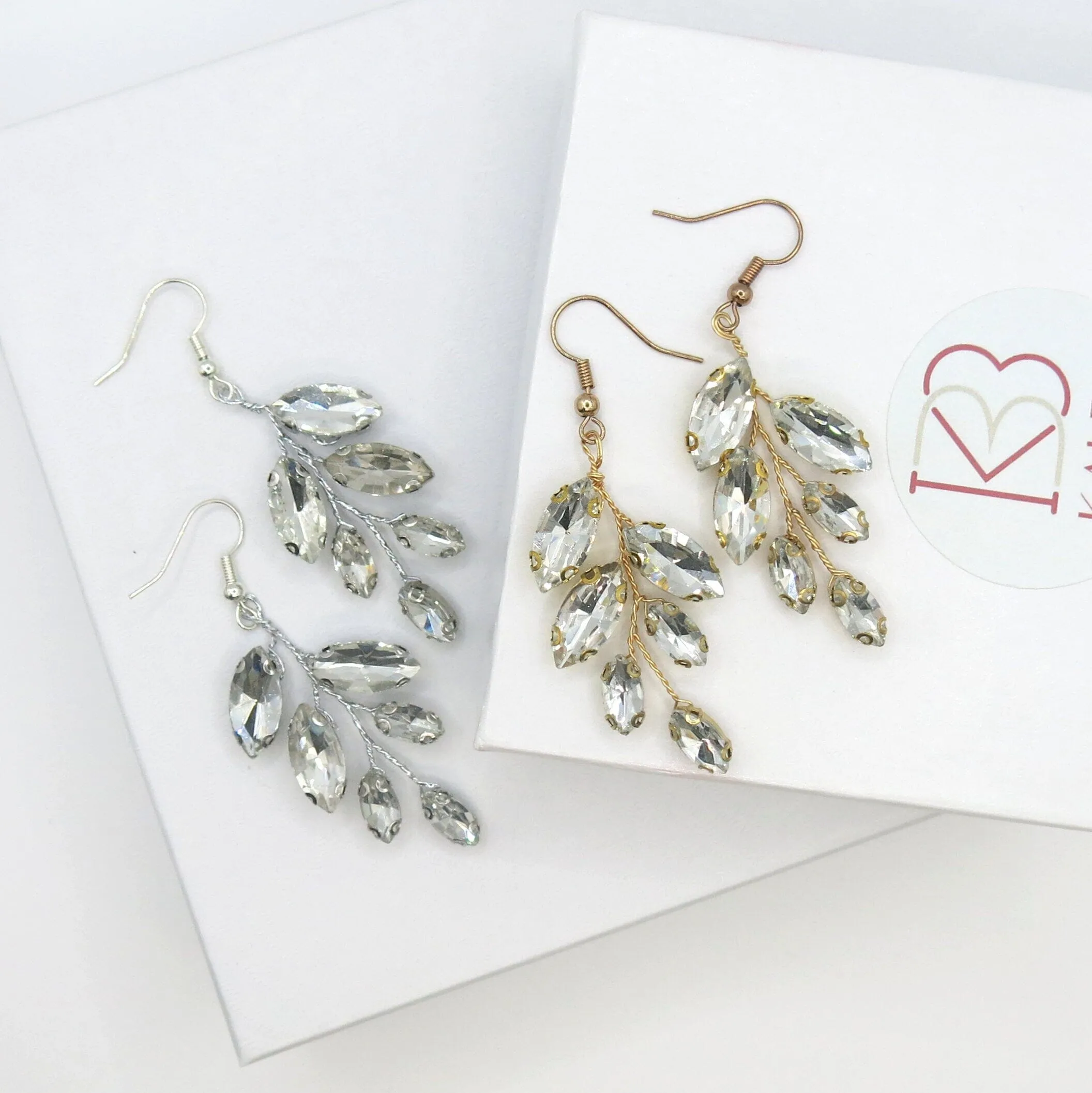 Crystal Leaf Earrings, Bridal Rhinestone Earrings, Bridesmaid Crystal Earrings, Wedding Wire Earrings