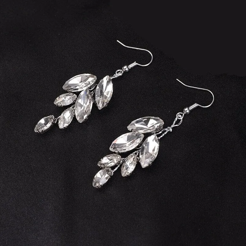 Crystal Leaf Earrings, Bridal Rhinestone Earrings, Bridesmaid Crystal Earrings, Wedding Wire Earrings