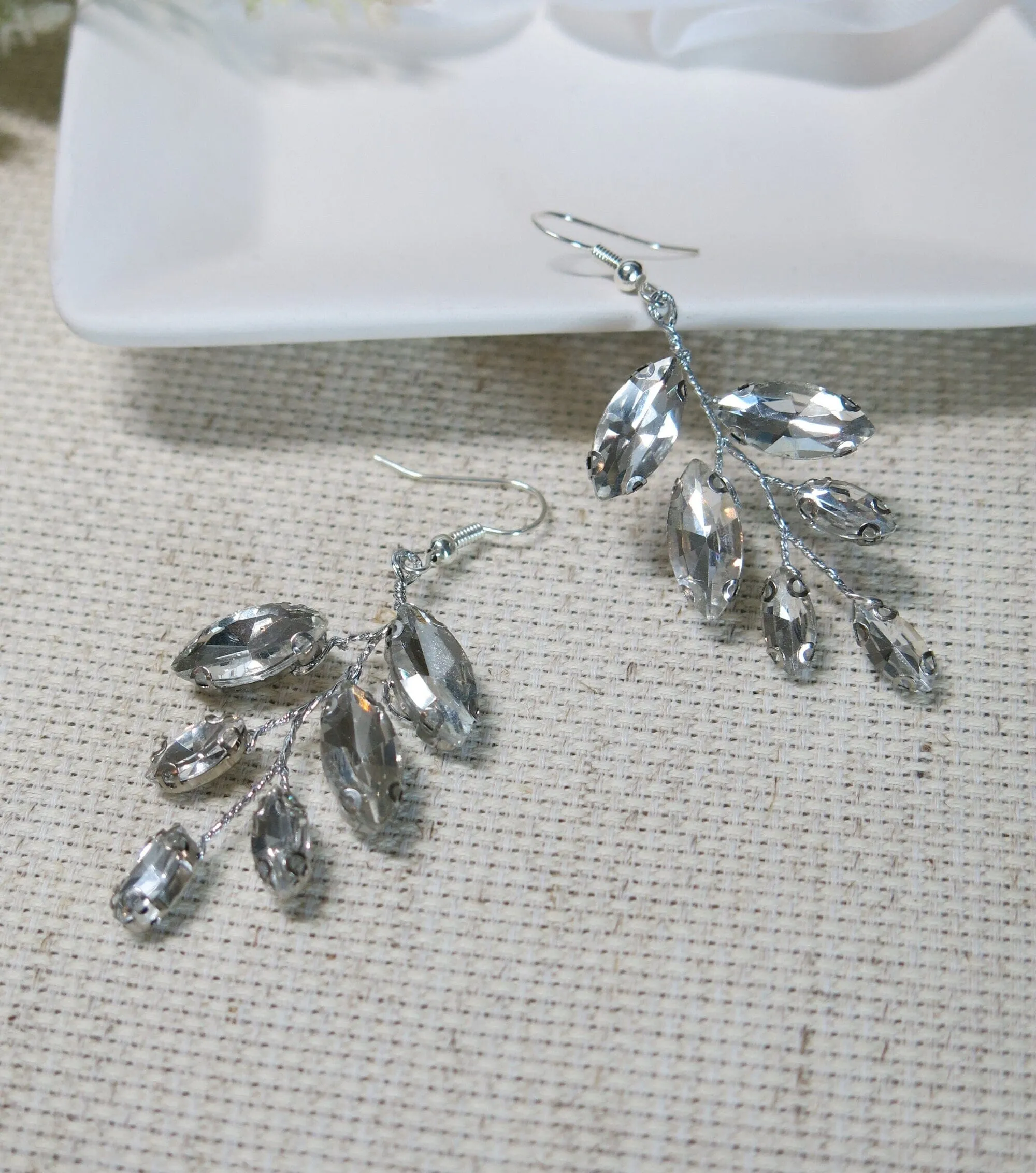 Crystal Leaf Earrings, Bridal Rhinestone Earrings, Bridesmaid Crystal Earrings, Wedding Wire Earrings