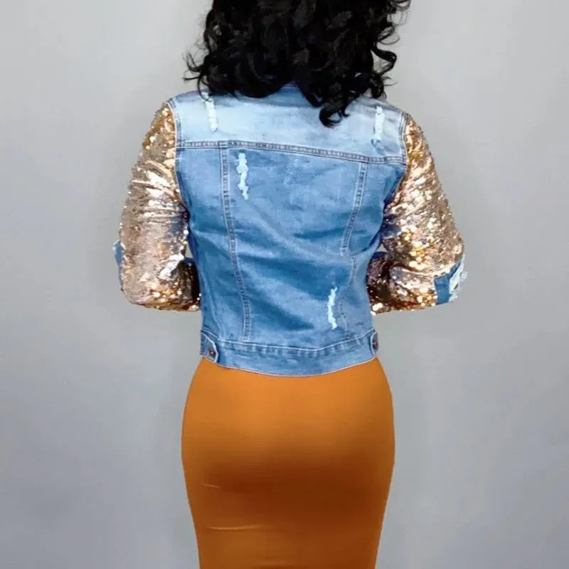 Cut Out Sequins Long Sleeve Denim Coat