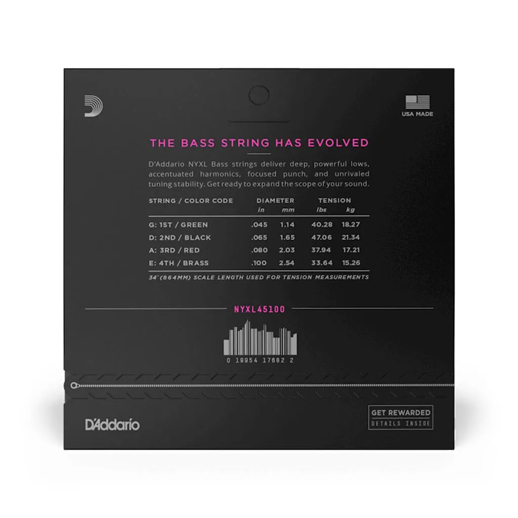D'Addario NYXL45100 NYXL Bass Strings, Long Scale, Regular, 45-100