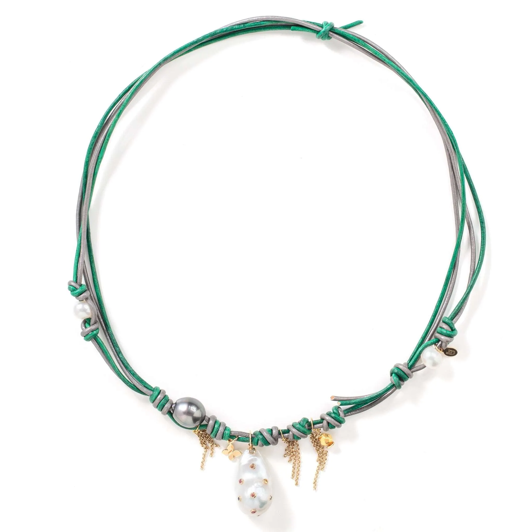 Dark Forest Rainbow Sapphire Rockstar Pearl Gold Butterfly and Chain Leather Necklace