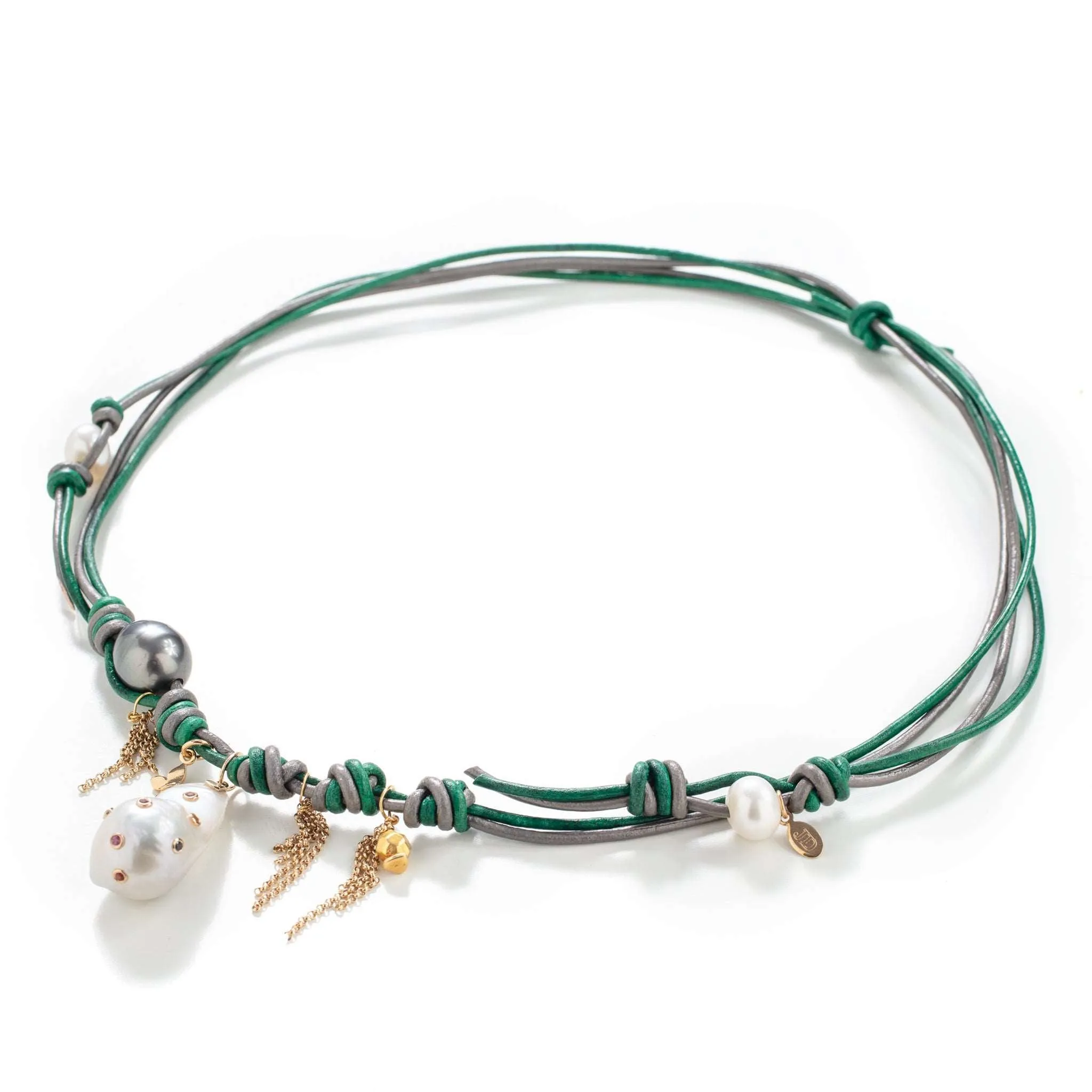 Dark Forest Rainbow Sapphire Rockstar Pearl Gold Butterfly and Chain Leather Necklace