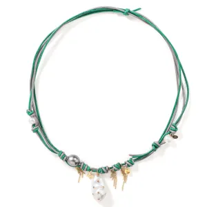 Dark Forest Rainbow Sapphire Rockstar Pearl Gold Butterfly and Chain Leather Necklace