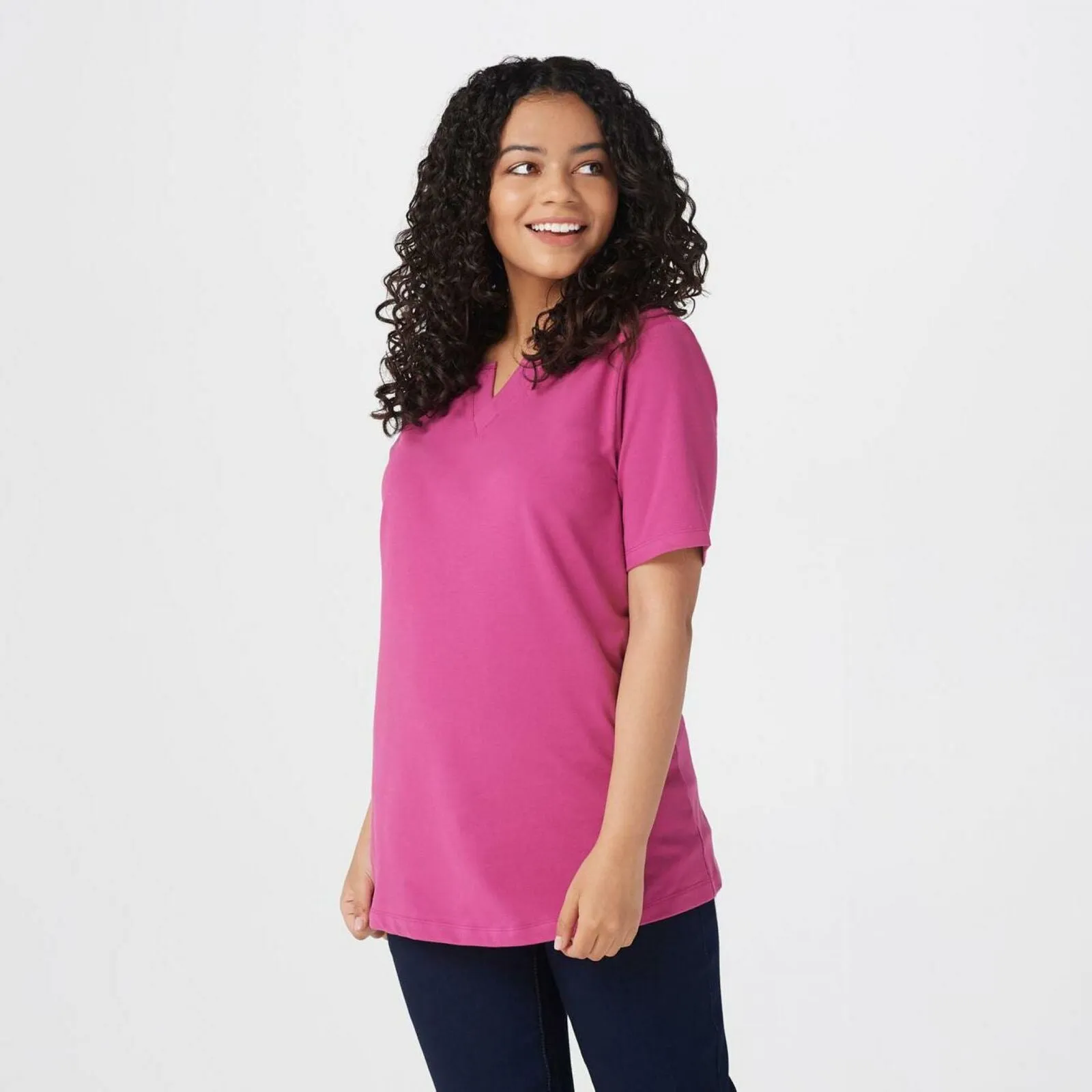 Denim & Co. Women's Essentials Split V Neck Knit Top Magenta Haze Medium