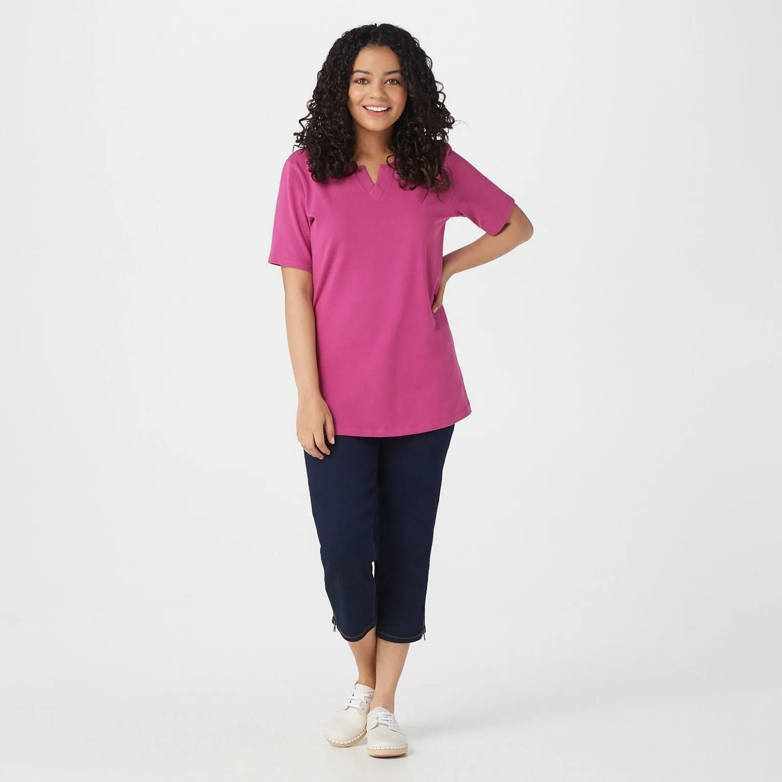 Denim & Co. Women's Essentials Split V Neck Knit Top Magenta Haze Medium