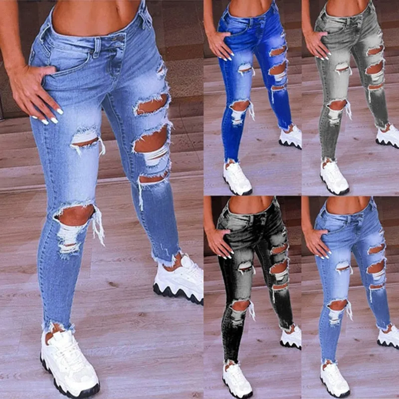 Denim Jeans Women Ripped Hole Stretch Jean