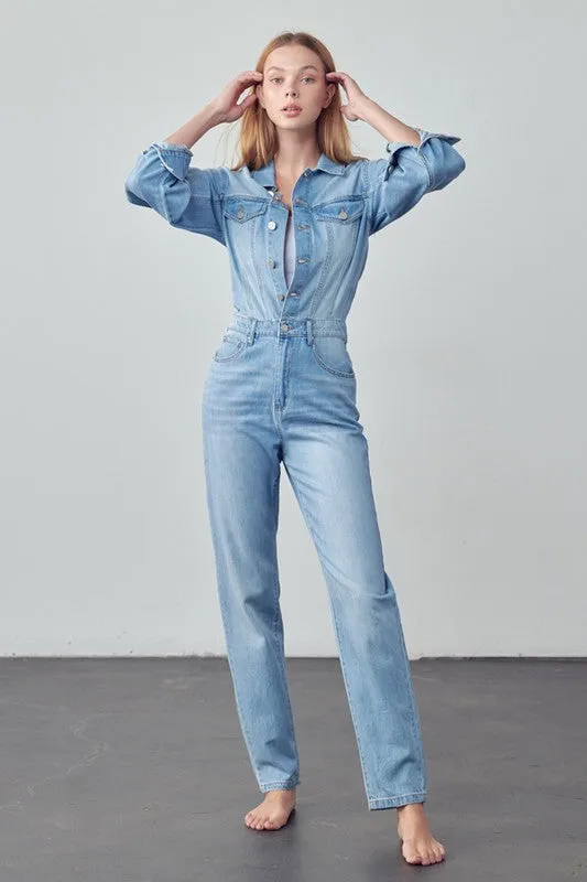 Denim Lab USA High Waist Flap Pocket Half Button Denim Jumpsuit