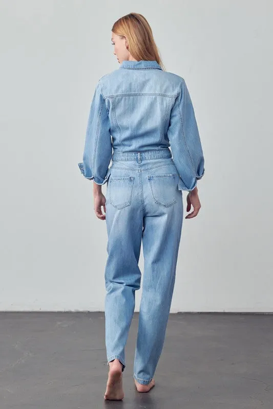 Denim Lab USA High Waist Flap Pocket Half Button Denim Jumpsuit